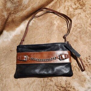 Nino Bossi Black & Brown Leather Crossbody Purse With Chain Accent Wristlet Clut